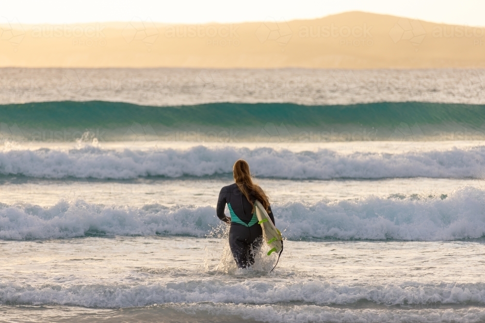 young woman in wetsuit carrying surfboard out into the waves - Australian Stock Image
