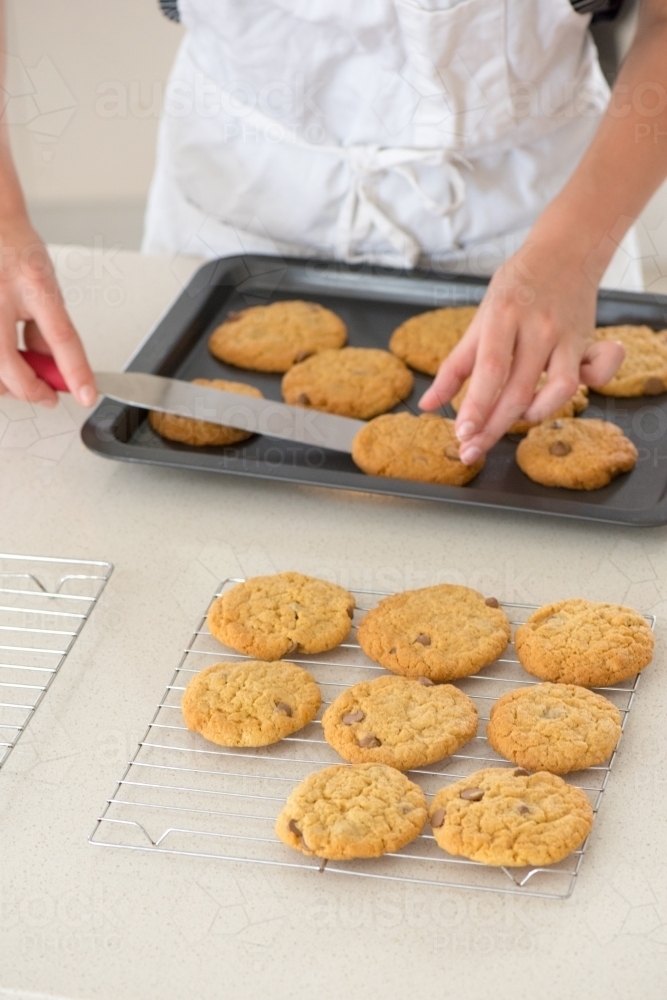 Young woman placing fresh cookies onto cooling tray - Australian Stock Image