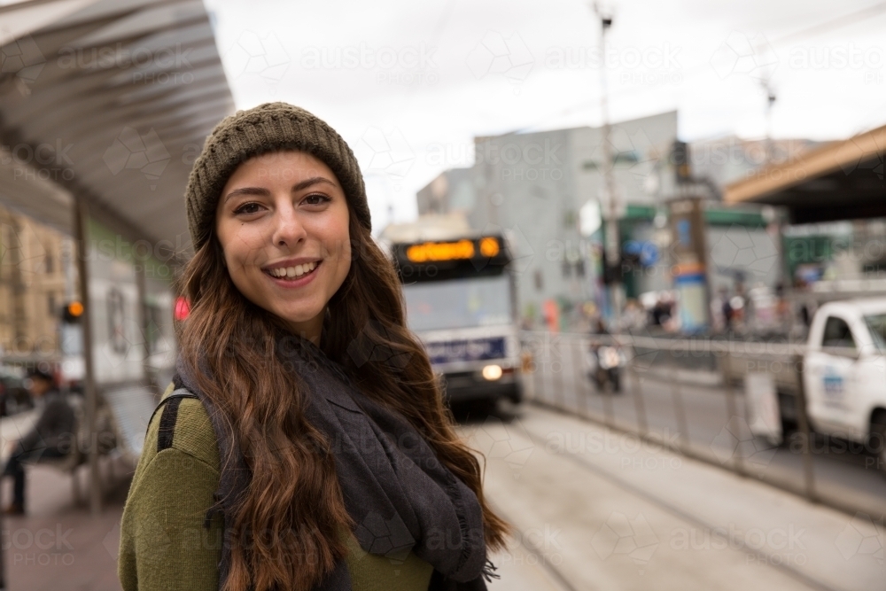 Young Woman Ready to Board the Tram - Australian Stock Image