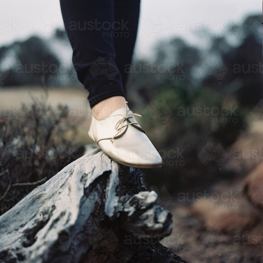 Young Woman Standing on Log - Australian Stock Image