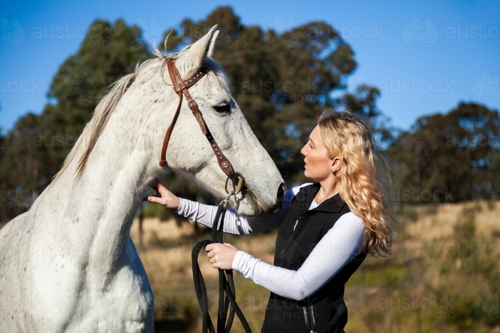 Young woman with big grey horse in sunlight - Australian Stock Image