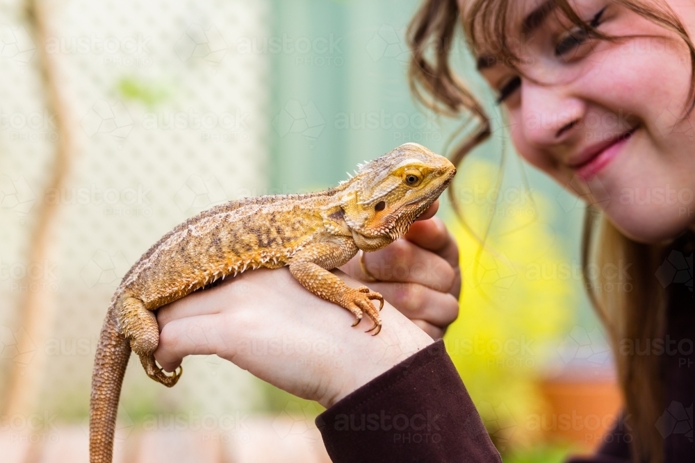 Young woman with pet reptile bearded dragon lizard - Australian Stock Image