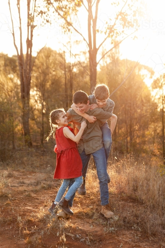 Younger siblings pile on big brother in golden country light playing together happily in paddock - Australian Stock Image