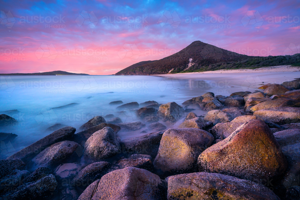 Zenith  beach Sunrise long exposure with smooth water - Australian Stock Image