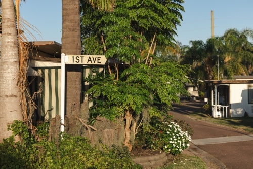 1st Avenue sign at entrance to caravan park - Australian Stock Image