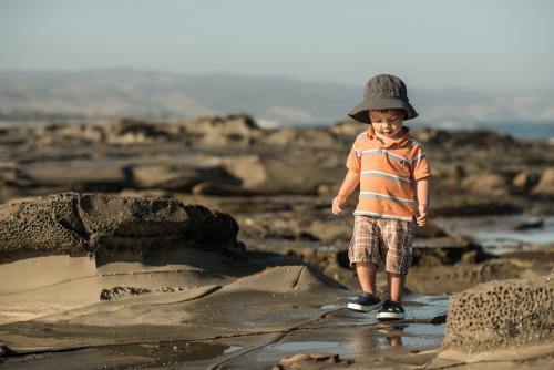 2 year old mixed race boy looks for shells on a rocky coast - Australian Stock Image
