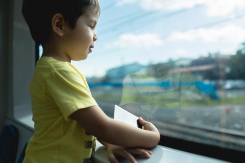 3 year old mixed race boy looks out the window while riding on a Sydney city train