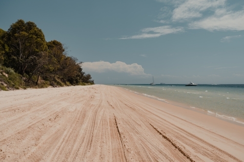 4WD tyre tracks on the beach and clear blue ocean water near Tangalooma - Australian Stock Image