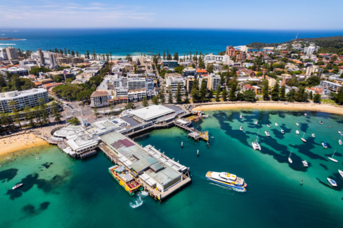 A aerial shot overlooking Manly from above the Wharf - Australian Stock Image