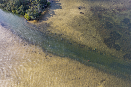 A aerial view over the river and small island at Tuncurry - Australian Stock Image