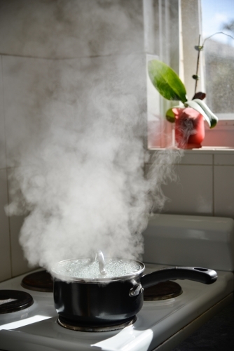 A boiling pot on a stove releases lots of steam into the morning sun