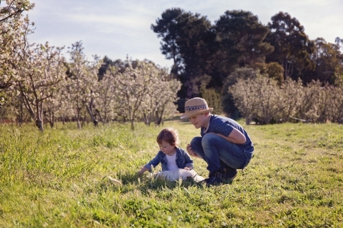 A Boy Crouching And Playing With His Little Sister In An Orchard