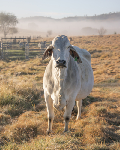 A Brahman cow in a yard on a misty morning - Australian Stock Image