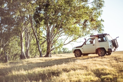 A camping van parked on dry grass under gum trees - Australian Stock Image