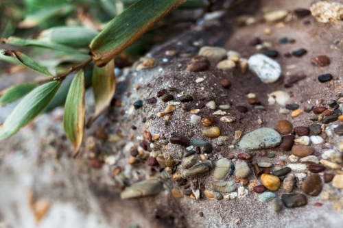 A close up of small, colourful pebbles, naturally embedded in a sandstone rock structure. - Australian Stock Image