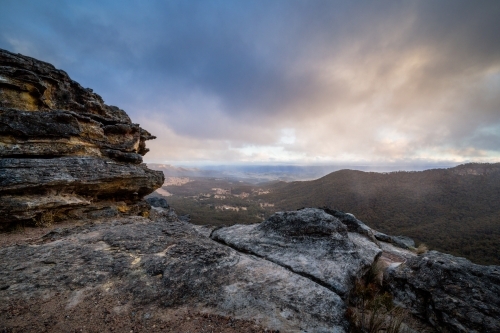 A cold and gale windy day view of landscape from Mt Victoria - Australian Stock Image