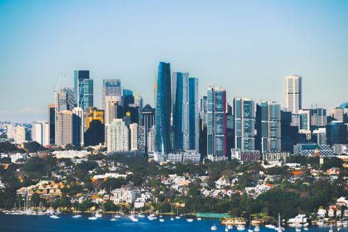 A dramatic aerial skyline shot from over the River at Birchgrove - Australian Stock Image