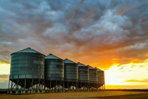 A dramatic sunset over six grain silos on a farm near Breeza on the Liverpool Plains, NSW - Australian Stock Image