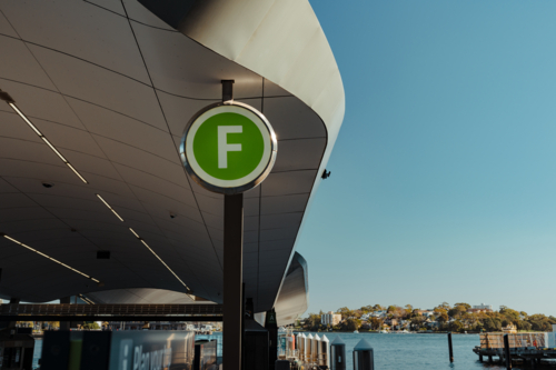 A green ferry wayfinding sign at Barangaroo Wharf, NSW - Australian Stock Image