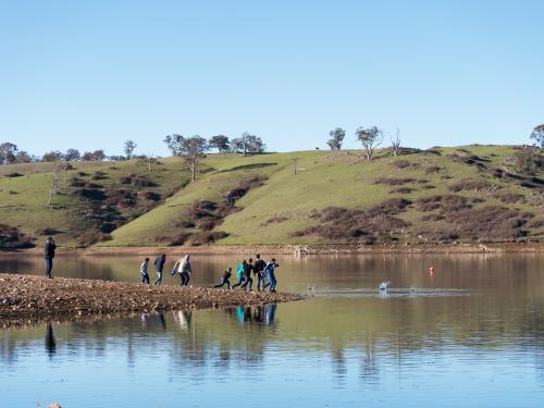A group of people skimming stones over the water of a storage dam - Australian Stock Image