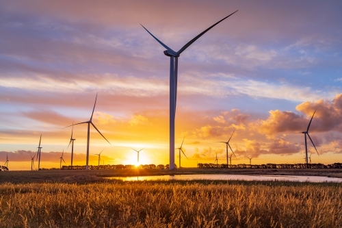 A group wind turbines silhouetted against a colourful sunset sky - Australian Stock Image