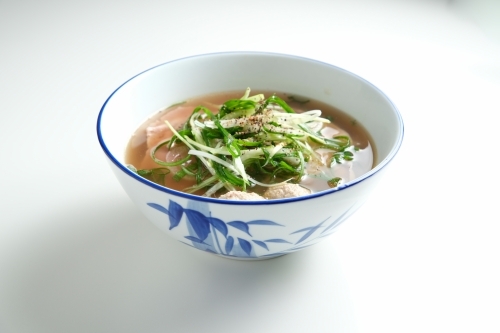 A meatball noodle soup topped with green onions. - Australian Stock Image