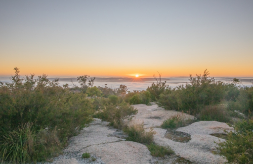 A misty morning sunrise on a granite monolith - Australian Stock Image