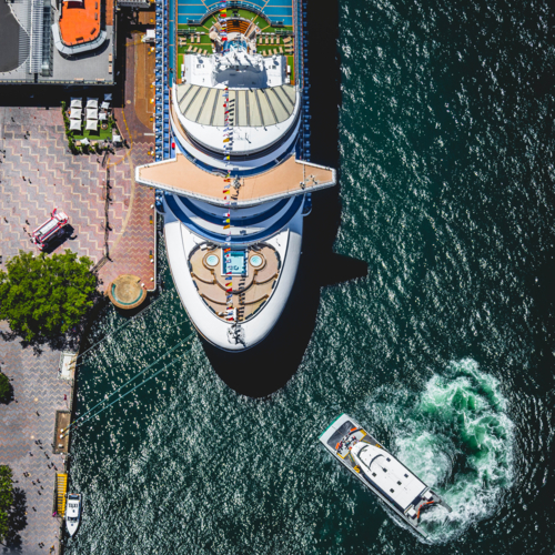 A overhead shot of cruise ship at berth in Circular Quay - Australian Stock Image