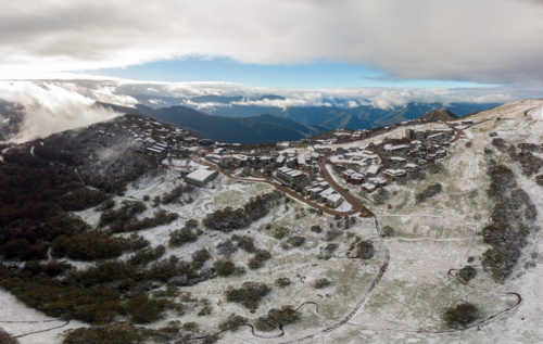 A rare summer snow storm blankets Mt Buller and the Victorian Alps in Victoria, Australia - Australian Stock Image