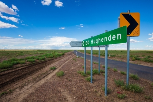 A rural road sign in western Queensland between Winton and Hughenden