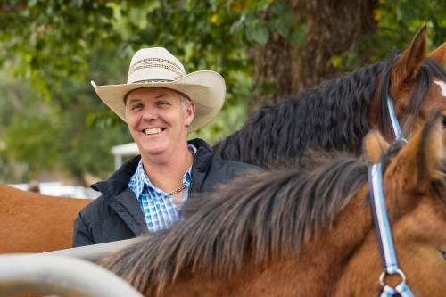 A smiling horseman wearing a cowboy hat standing among his horses - Australian Stock Image