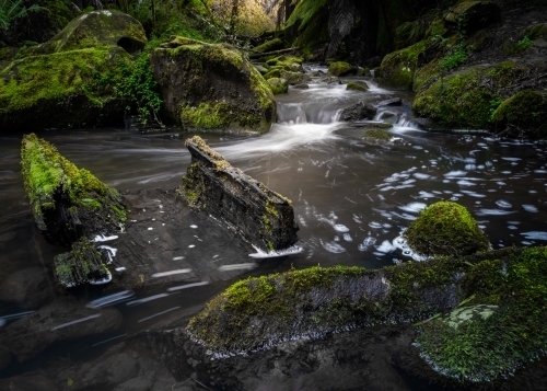 A Small Water Fall Flowing into a Peaceful Rainforest Pond - Australian Stock Image