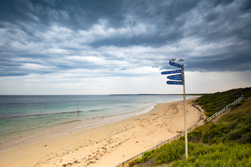 A sudden summer storm looms over Bass Straight and Port Philip Bay from the Bellarine Peninsula - Australian Stock Image