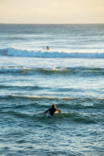 A surfer paddles out into the surf early in the morning at Cabarita. - Australian Stock Image