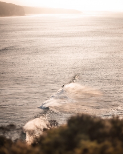 A surfer riding the gentle waves rolling towards the shore - Australian Stock Image