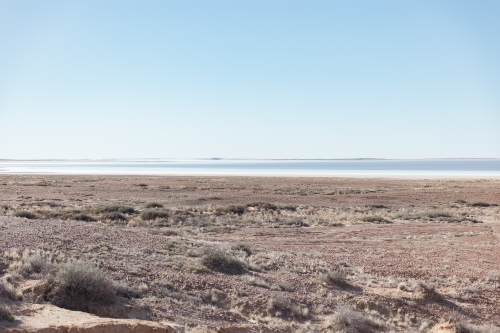 A vast, flat desert landscape under a clear blue sky. - Australian Stock Image