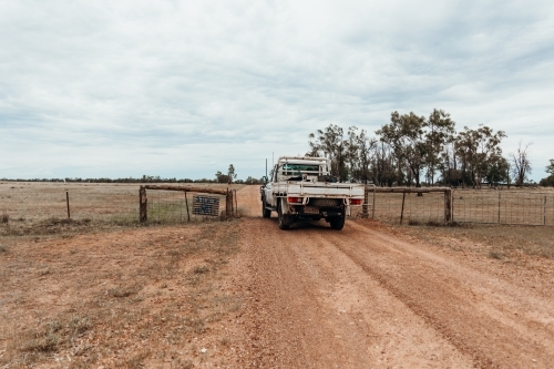 A white ute driving through gateway in farm fence. - Australian Stock Image