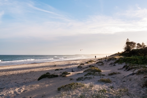 A wide view of sand dunes and beach grass overlooking the ocean and people walking at dusk. - Australian Stock Image