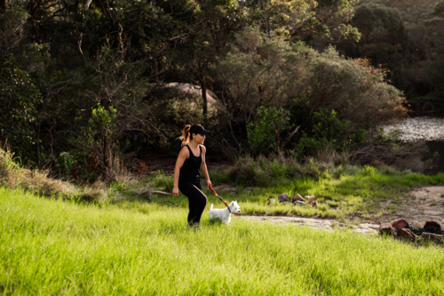A woman in activewear guides her dog through lush grass by a serene water setting during daylight - Australian Stock Image