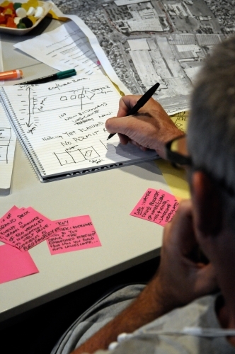 A workshop participant putting his ideas on paper