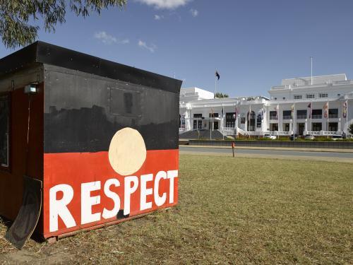 Aboriginal embassy information hut at old Parliament house - Australian Stock Image