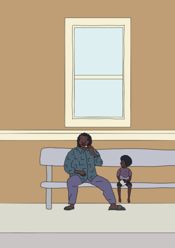 Aboriginal man and boy sharing chips on street bench - Australian Stock Image