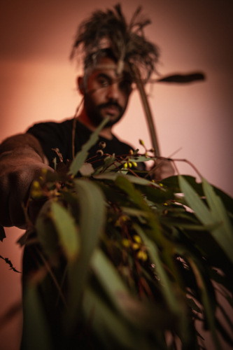 Aboriginal man with feathered headdress holding out a branch of eucalyptus tree - Australian Stock Image