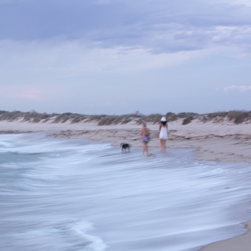 Abstract image of two people walking the dog at the beach