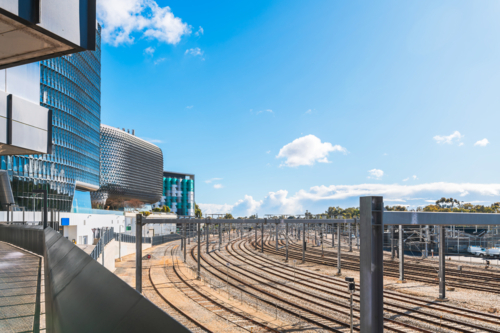 Adelaide City Railway station entry point with no trains on a day - Australian Stock Image