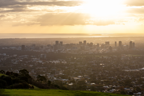 Adelaide city skyline at sunset - Australian Stock Image
