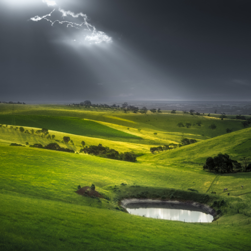 Adelaide Hills Landscape with dam and rays of light - Australian Stock Image