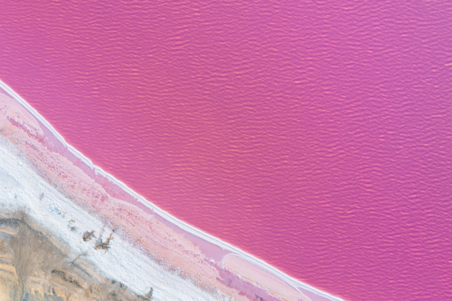 Aerial abstract of vivid pink lake shoreline with white salt formations - Australian Stock Image