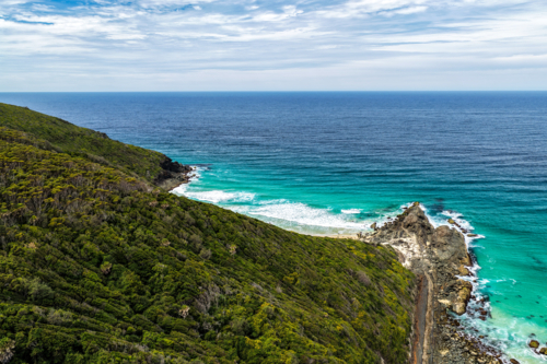 Aerial drone view of Sharkies Beach in Forster, New South Wales, Australia. - Australian Stock Image