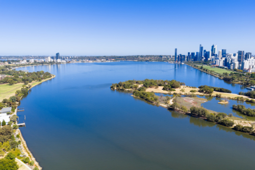 Aerial drone view over the swan river and Perth City Western Australia - Australian Stock Image